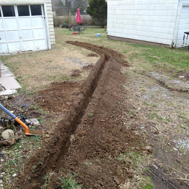 Trench for drainage pipe.
